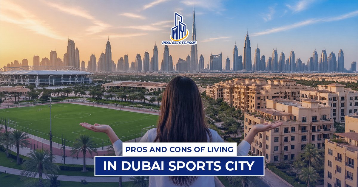 Woman overlooking skyline and sports fields showing living in Dubai Sports City with residential towers, stadium, and modern Dubai skyline.
