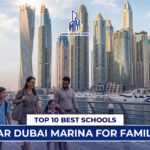 Family walking near Dubai Marina skyline with text "Top 10 Best Schools Near Dubai Marina for Families"