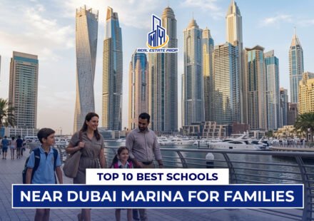 Family walking near Dubai Marina skyline with text "Top 10 Best Schools Near Dubai Marina for Families"