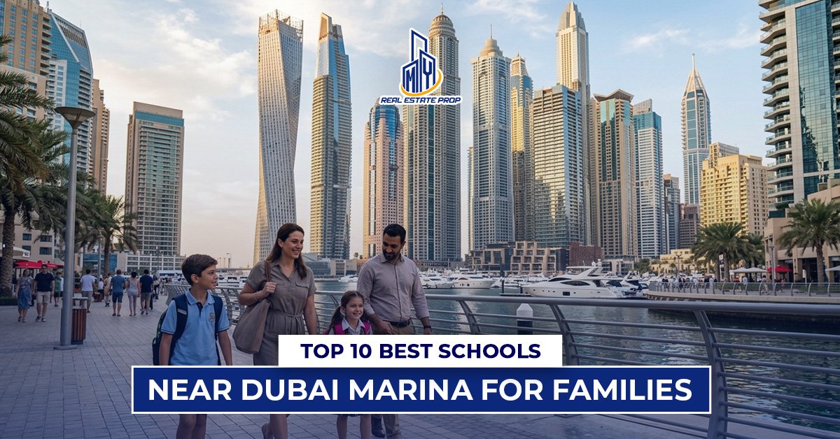 Family walking near Dubai Marina skyline with text "Top 10 Best Schools Near Dubai Marina for Families"
