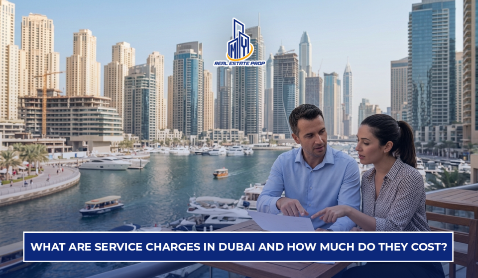 Service charges for Dubai property explained with investors reviewing costs and property expenses in Dubai marina skyline.