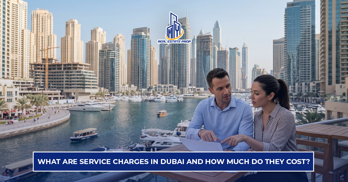 Service charges for Dubai property explained with investors reviewing costs and property expenses in Dubai marina skyline.