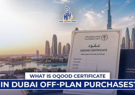Oqood certificate Dubai document displayed with Dubai skyline, Burj Khalifa, and Land Department branding for off-plan property ownership registration.