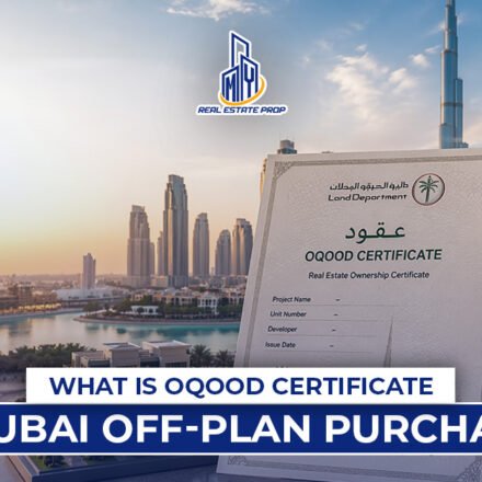 Oqood certificate Dubai document displayed with Dubai skyline, Burj Khalifa, and Land Department branding for off-plan property ownership registration.