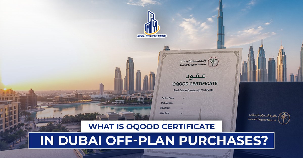 Oqood certificate Dubai document displayed with Dubai skyline, Burj Khalifa, and Land Department branding for off-plan property ownership registration.