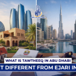 Tawtheeq Abu Dhabi vs Ejari Dubai comparison showing Abu Dhabi and Dubai skylines with property documents and real estate symbols
