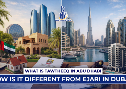 Tawtheeq Abu Dhabi vs Ejari Dubai comparison showing Abu Dhabi and Dubai skylines with property documents and real estate symbols