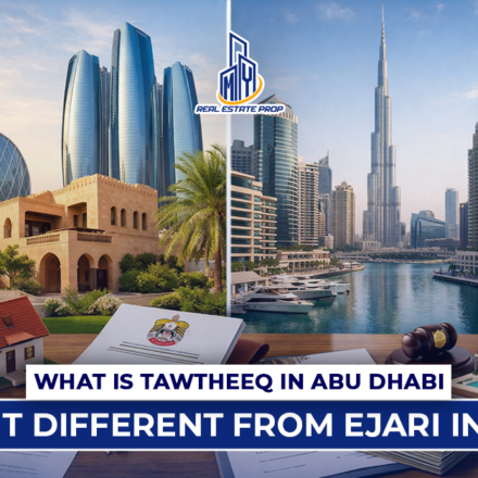 Tawtheeq Abu Dhabi vs Ejari Dubai comparison showing Abu Dhabi and Dubai skylines with property documents and real estate symbols