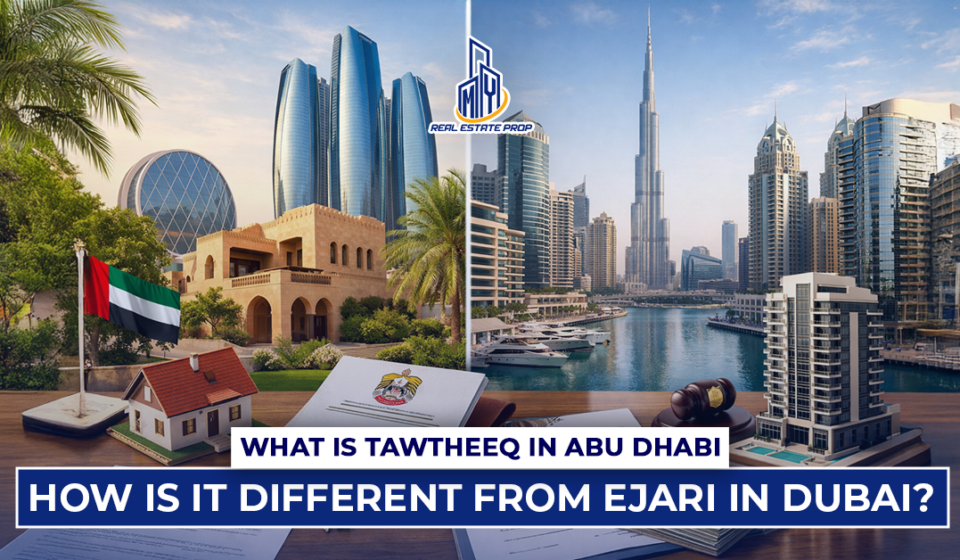 Tawtheeq Abu Dhabi vs Ejari Dubai comparison showing Abu Dhabi and Dubai skylines with property documents and real estate symbols