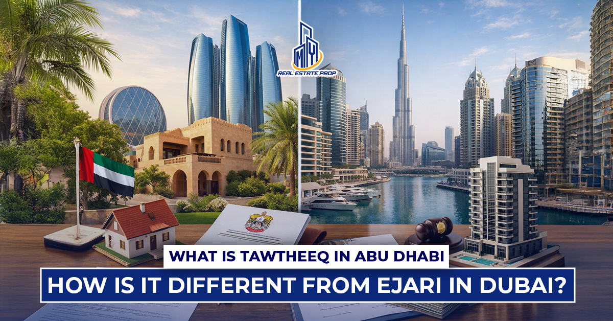 Tawtheeq Abu Dhabi vs Ejari Dubai comparison showing Abu Dhabi and Dubai skylines with property documents and real estate symbols