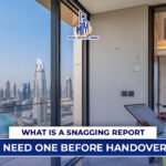 Inspector checking apartment defects with clipboard overlooking Dubai skyline, representing snagging report Dubai before property handover.