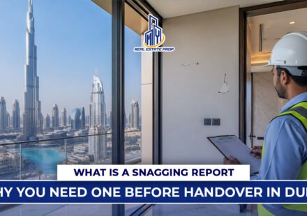 Inspector checking apartment defects with clipboard overlooking Dubai skyline, representing snagging report Dubai before property handover.