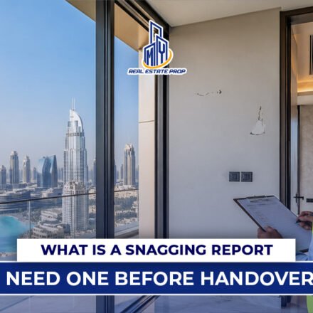 Inspector checking apartment defects with clipboard overlooking Dubai skyline, representing snagging report Dubai before property handover.