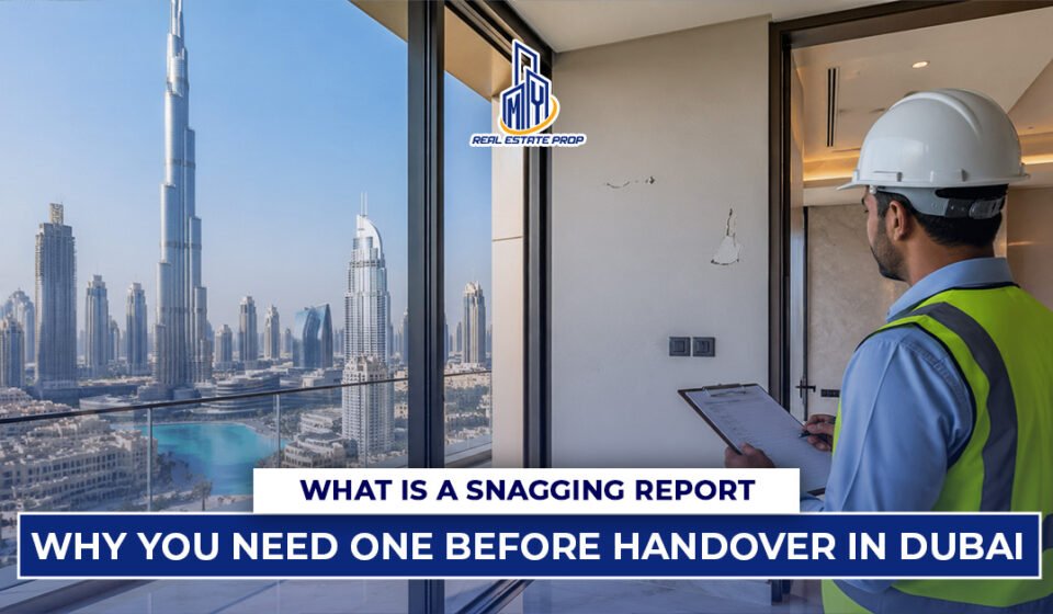 Inspector checking apartment defects with clipboard overlooking Dubai skyline, representing snagging report Dubai before property handover.