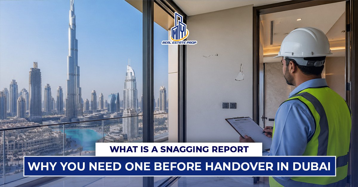 Inspector checking apartment defects with clipboard overlooking Dubai skyline, representing snagging report Dubai before property handover.