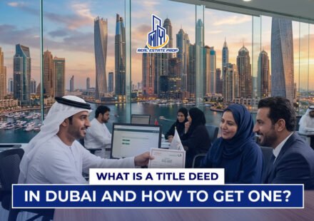 Business meeting in Dubai office with skyline view discussing Title Deed in Dubai property ownership documents