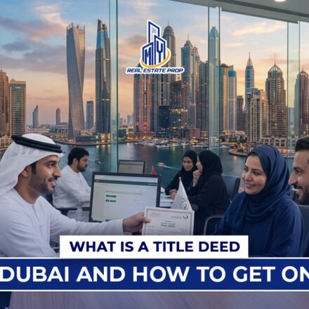 Business meeting in Dubai office with skyline view discussing Title Deed in Dubai property ownership documents