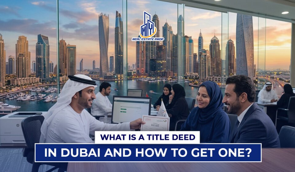 Business meeting in Dubai office with skyline view discussing Title Deed in Dubai property ownership documents