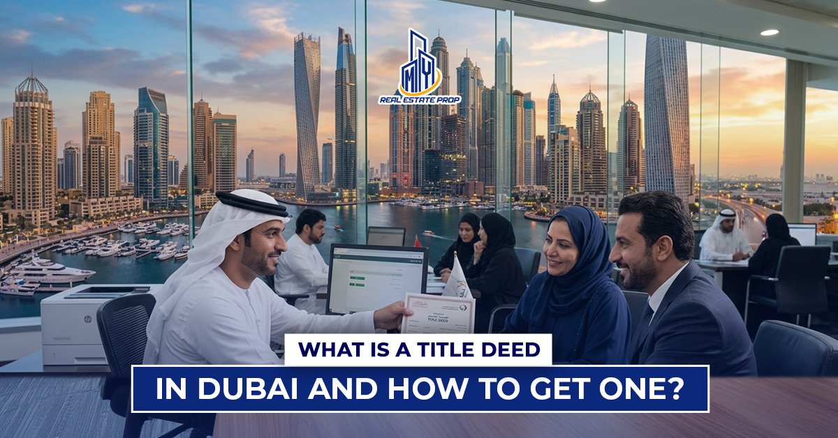 Business meeting in Dubai office with skyline view discussing Title Deed in Dubai property ownership documents