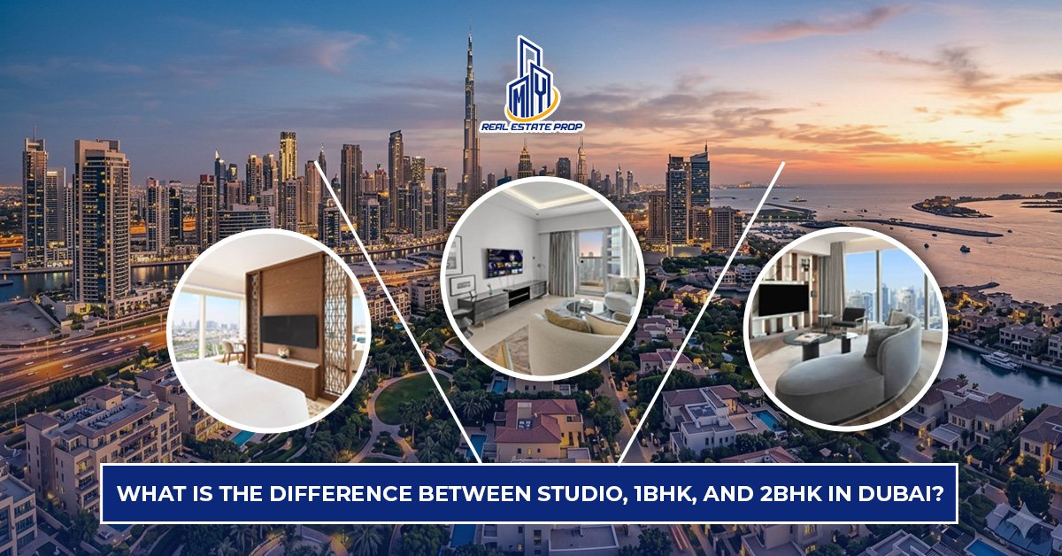 studio vs 1BHK vs 2BHK Dubai comparison showing different apartment layouts and living spaces in Dubai real estate.