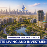 Aerial view of Jumeirah Village Circle real estate with modern apartments, green parks, and Dubai skyline in background