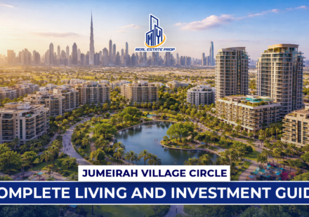 Aerial view of Jumeirah Village Circle real estate with modern apartments, green parks, and Dubai skyline in background