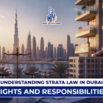 Strata law Dubai concept with skyline, legal scales, and property model showing rights and responsibilities