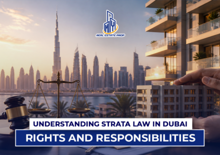 Strata law Dubai concept with skyline, legal scales, and property model showing rights and responsibilities