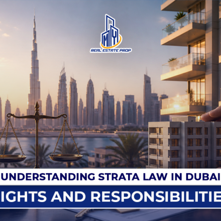 Strata law Dubai concept with skyline, legal scales, and property model showing rights and responsibilities