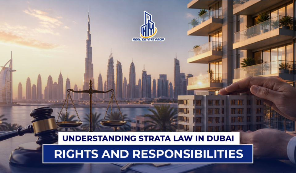 Strata law Dubai concept with skyline, legal scales, and property model showing rights and responsibilities