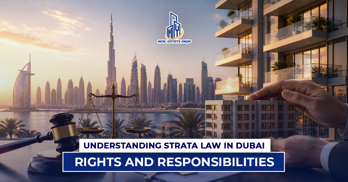 Strata law Dubai concept with skyline, legal scales, and property model showing rights and responsibilities