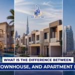 Villa vs townhouse vs apartment Dubai comparison showing luxury villa, row townhouses, and high-rise apartments in Dubai skyline