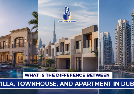 Villa vs townhouse vs apartment Dubai comparison showing luxury villa, row townhouses, and high-rise apartments in Dubai skyline