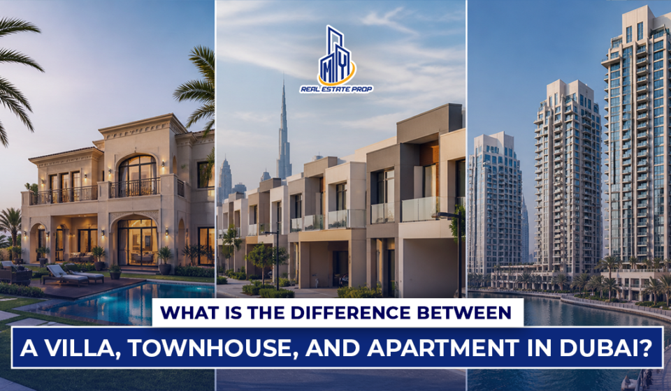 Villa vs townhouse vs apartment Dubai comparison showing luxury villa, row townhouses, and high-rise apartments in Dubai skyline
