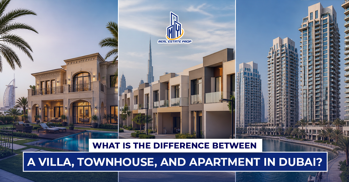 Villa vs townhouse vs apartment Dubai comparison showing luxury villa, row townhouses, and high-rise apartments in Dubai skyline